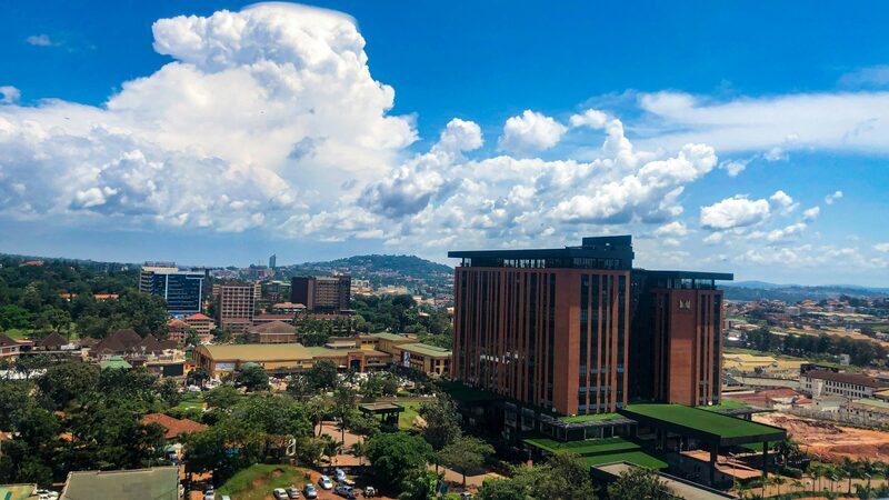 Kampala city skyline and modern buildings — headquarters of Gorilla Summit Coffee